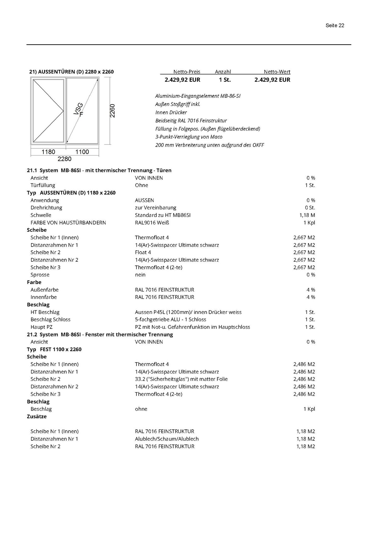 Technische Zeichnung einer Außen-Doppelflügeltür mit Abmessungen 2280 x 2260 mm, Aluminium MB-86SI.