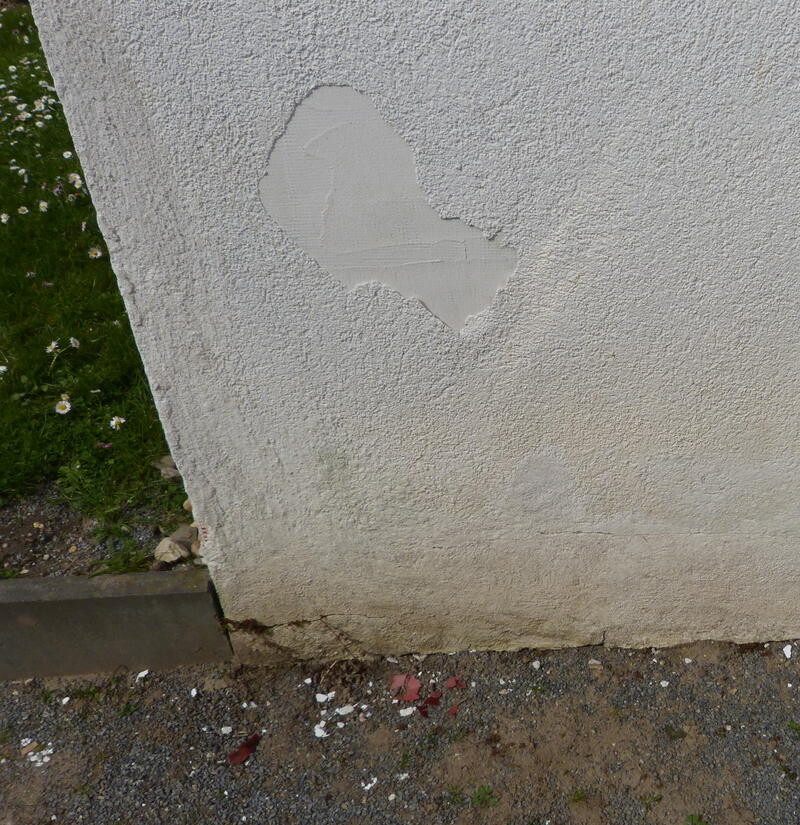 Außenwand mit frisch verputzter Reparaturfläche; Boden mit Kies, Gras und Blumen links.
