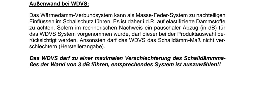 Dokumentationstext: WDVS-Außenwand mit Hinweisen zu Schallschutz und Dämmstoffe.