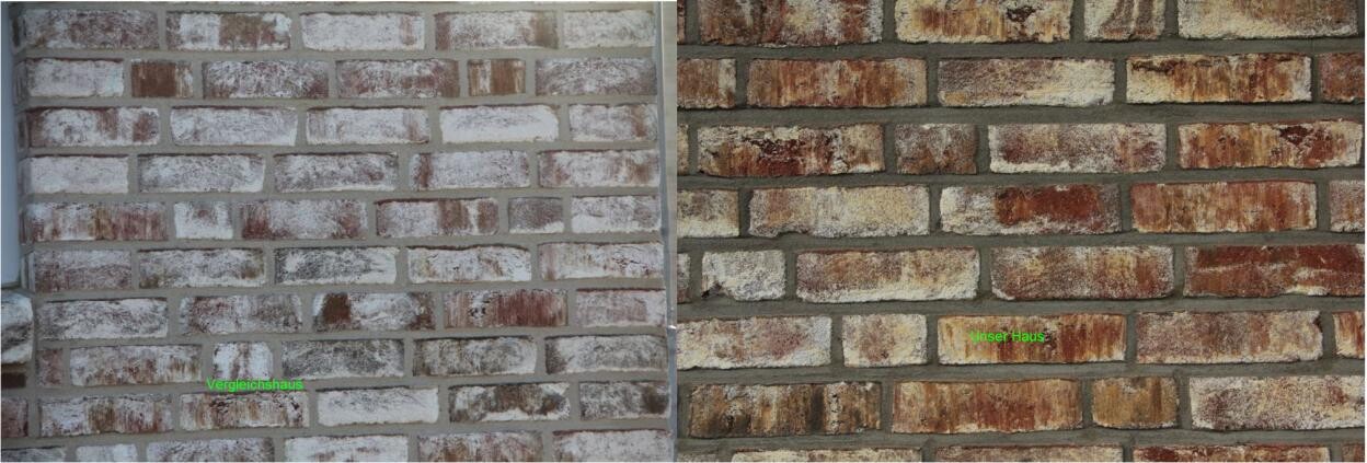 Zweigeteilte Ziegelwand: links helle graue Ziegel, rechts braune Ziegel.