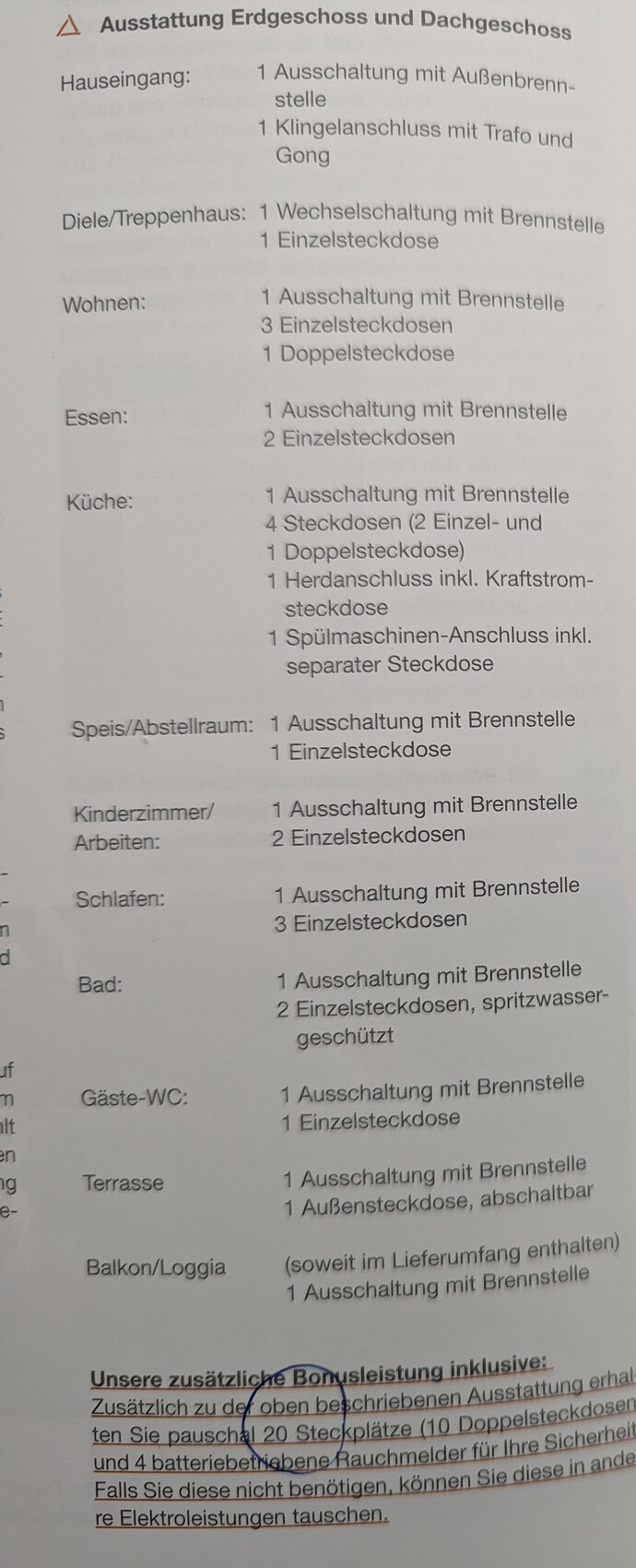Seite mit Aufstellung der Steckdosen und Schalter in Erd- und Dachgeschoss nach Räumen.