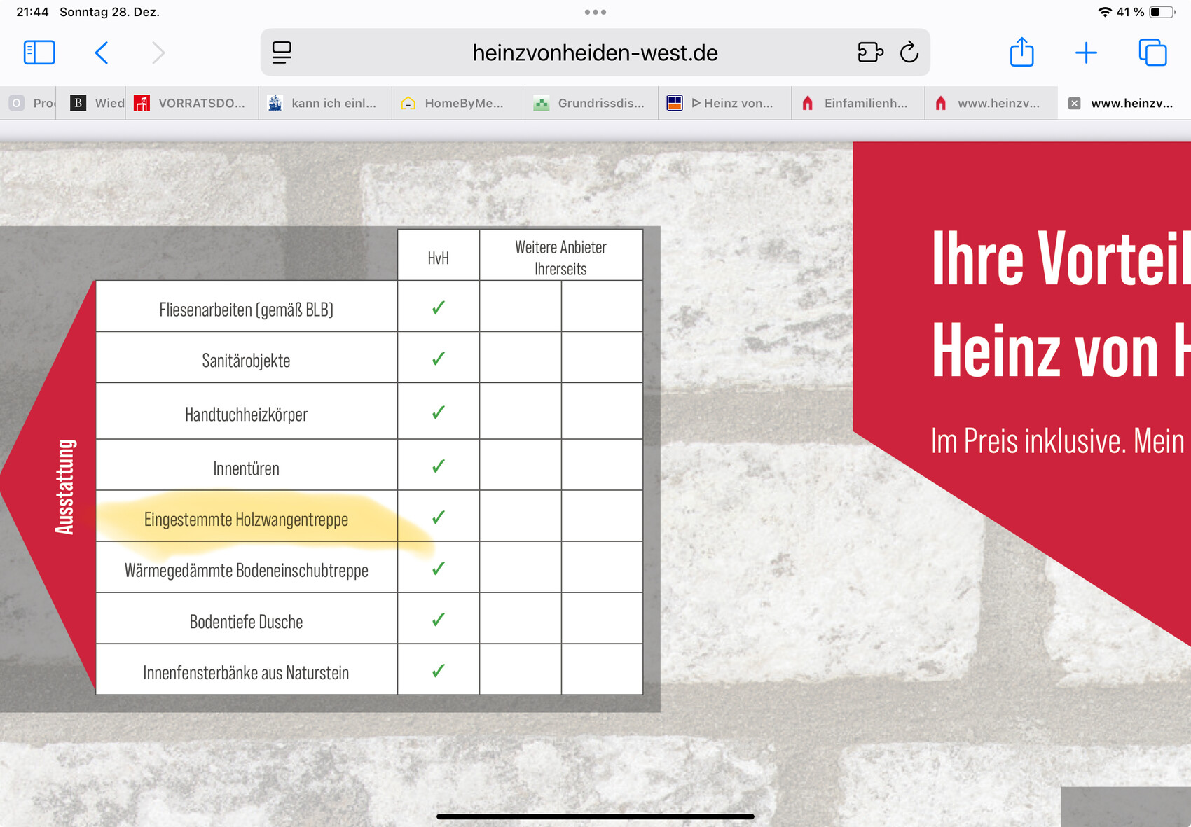 Übersichtstabelle zu Ausstattung und Innenausbau im Hausbau mit Sanitär, Fliesen und Treppen