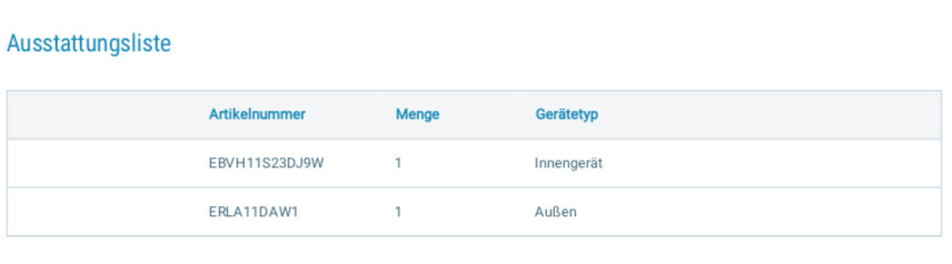 Ausstattungsliste: EBVH11S23DJ9W (1, Innengerät); ERLA11DAW1 (1, Außen)