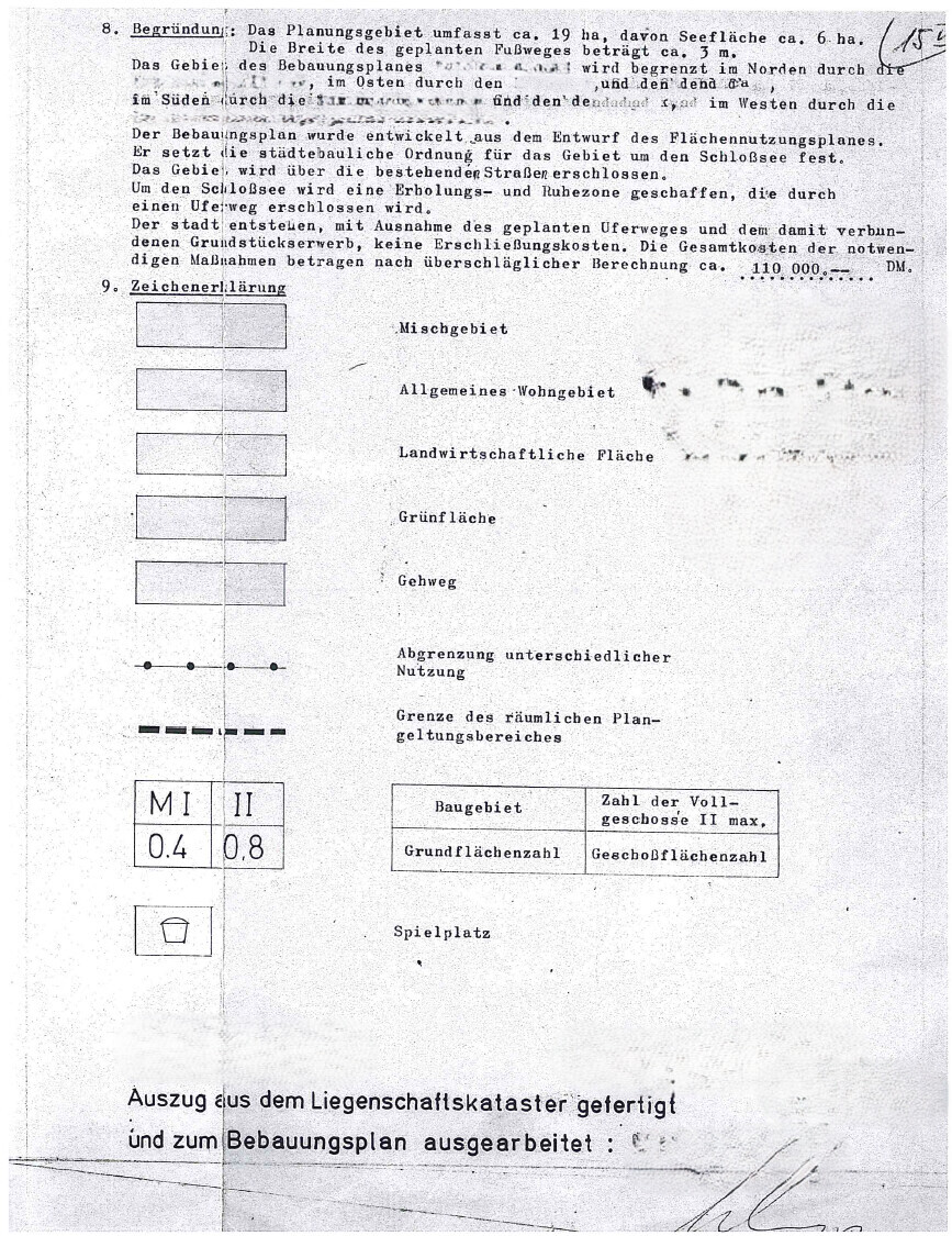 Scan einer Bebauungsplanseite mit Nutzungsarten (Mischgebiet, Wohngebiet) und Spielplatz.
