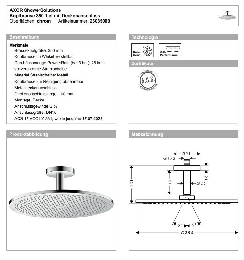 AXOR ShowerSolutions Kopfbrause 350 Deckenanschluss Chrom großer Duschkopf