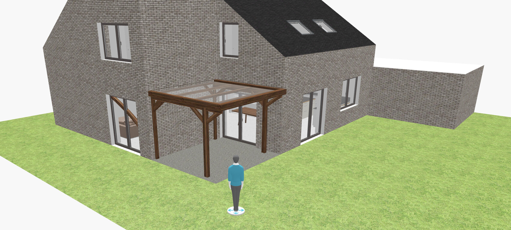 3D-Render eines Ziegelhauses mit Holzpergola und Glasdach über Terrasse; Person davor