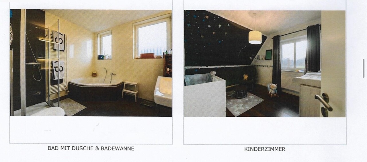 Zwei Räume: Bad mit Dusche und Badewanne; Kinderzimmer mit Bett, Teppich, Spielzeug und Fenster.