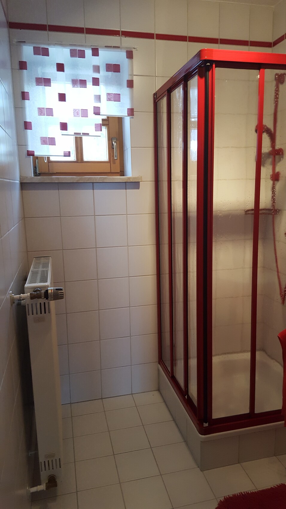 Badezimmer mit Dusche in rotem Rahmen, weiße Fliesen, Fenster, Heizkörper.