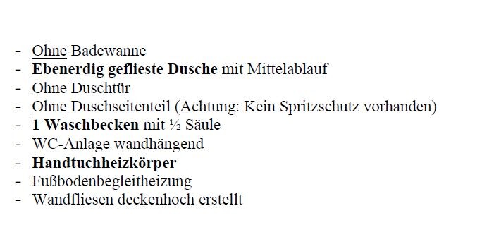 Liste von Badezimmerdetails: ebenerdige Dusche, wandhängendes WC, Fliesen bis Decke.