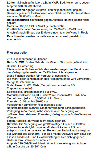 Aufgelisteter Leistungsumfang zu Fliesenarbeiten, Bad/WC, Preise und Hinweise.