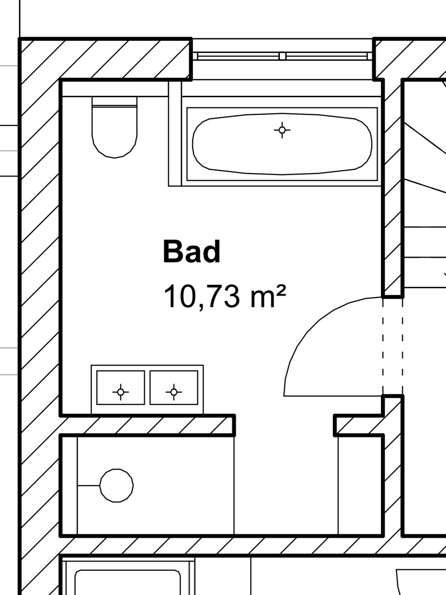 Grundriss eines Badezimmers mit Badewanne, Doppelwaschbecken, Toilette; Fläche 10,73 m².