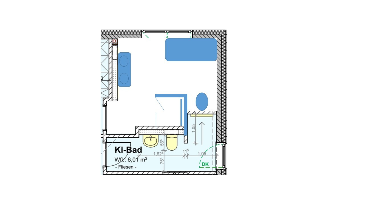 Grundriss eines kleinen Apartments: Bett im Schlafbereich, Sofa, Küchenzeile und Bad.