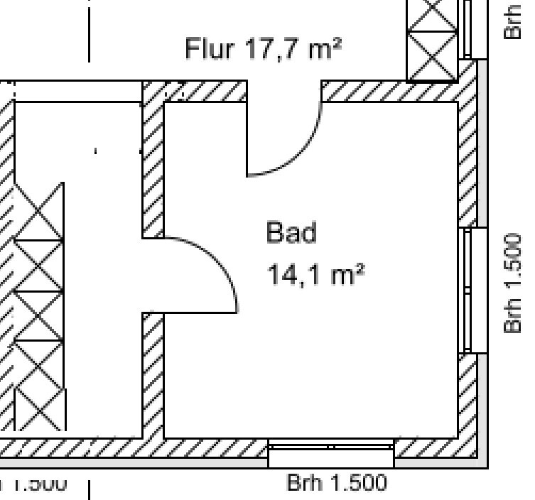 Grundriss: Flur 17,7 m² und Bad 14,1 m², Türen/Wände markiert.