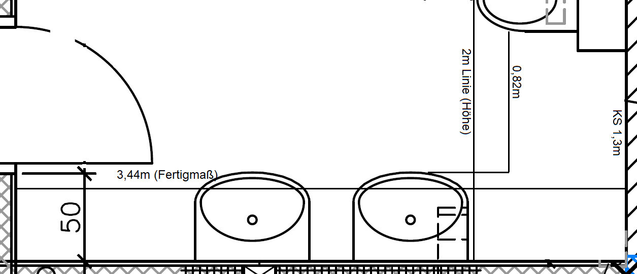Grundriss eines Badezimmers mit zwei Waschbecken, Breite 3,44 m, Höhe 2 m.