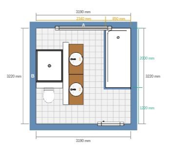 Grundriss eines Badezimmers mit Toilette, Dusche/Badewanne und Doppelwaschbecken