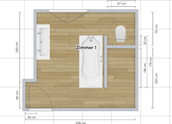 Badezimmer-Grundriss: Badewanne in der Mitte, Toilette rechts, Waschbecken links, Tür unten links.