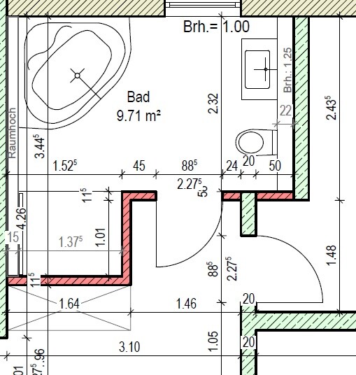 2D-Badgrundriss mit Badewanne, Waschbecken und Toilette in Grundrisszeichnung