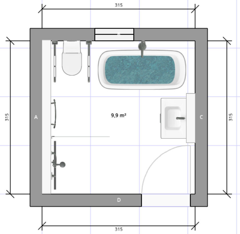 Grundriss eines Badezimmers: Badewanne, Toilette, Waschbecken und Dusche.