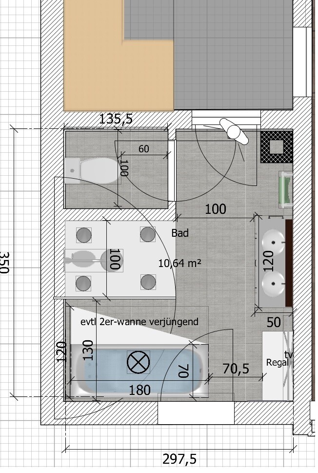 Grundrissplan eines Badezimmers mit Badewanne, Toilette und Waschbecken