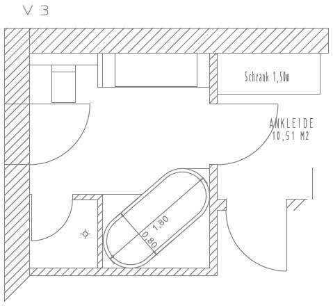 2D Grundriss eines Badezimmers mit Badewanne, Tür und Ankleidebereich