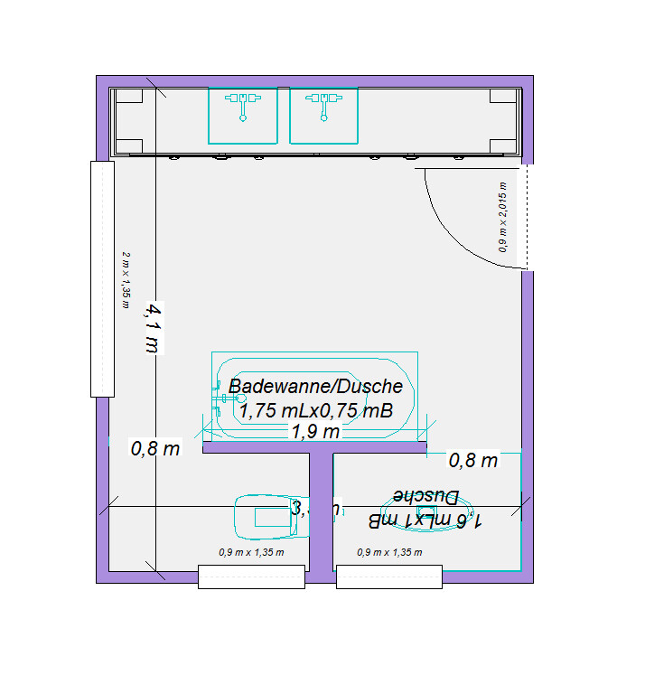Grundriss eines Badezimmers mit Doppelwaschbecken, Badewanne/Dusche, Tür rechts.
