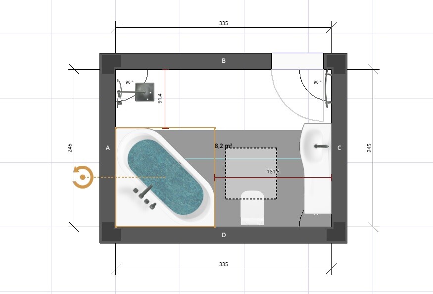 Top-Down-Grundriss eines Badezimmers mit Badewanne, Toilette und Waschbecken