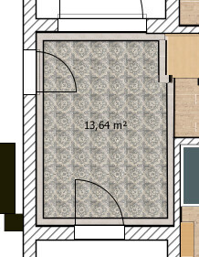 Grundriss eines Badezimmers mit 13,64 m² Fläche und Türöffnungen