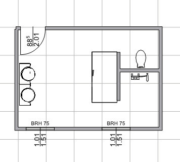 Grundriss eines Badezimmers mit zwei Waschtischen links und Toilette rechts