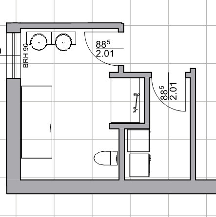2D-Badgrundriss mit Doppelwaschtisch, Toilette und Sanitärbereich