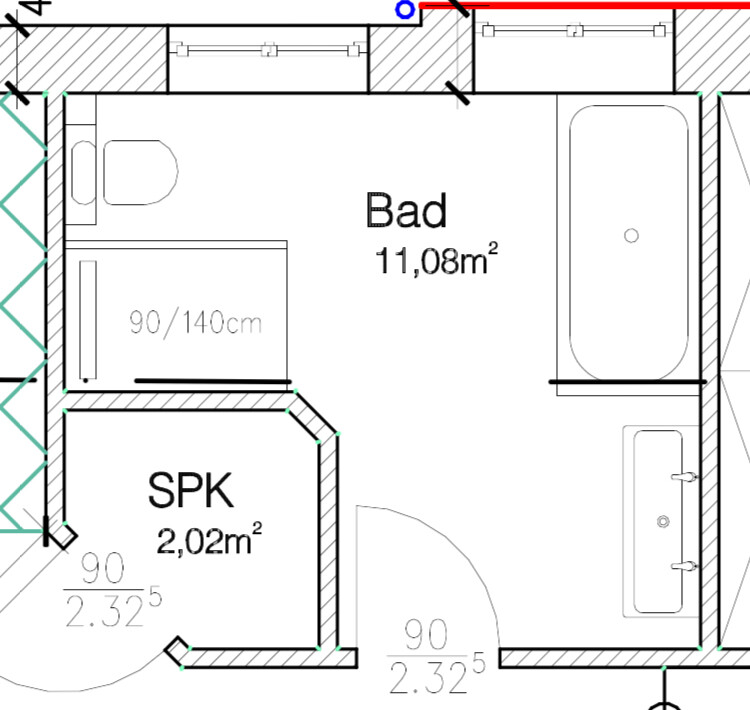 Grundriss: Badezimmer 11,08 m² mit Badewanne, Waschbecken und Toilette; SPK 2,02 m².