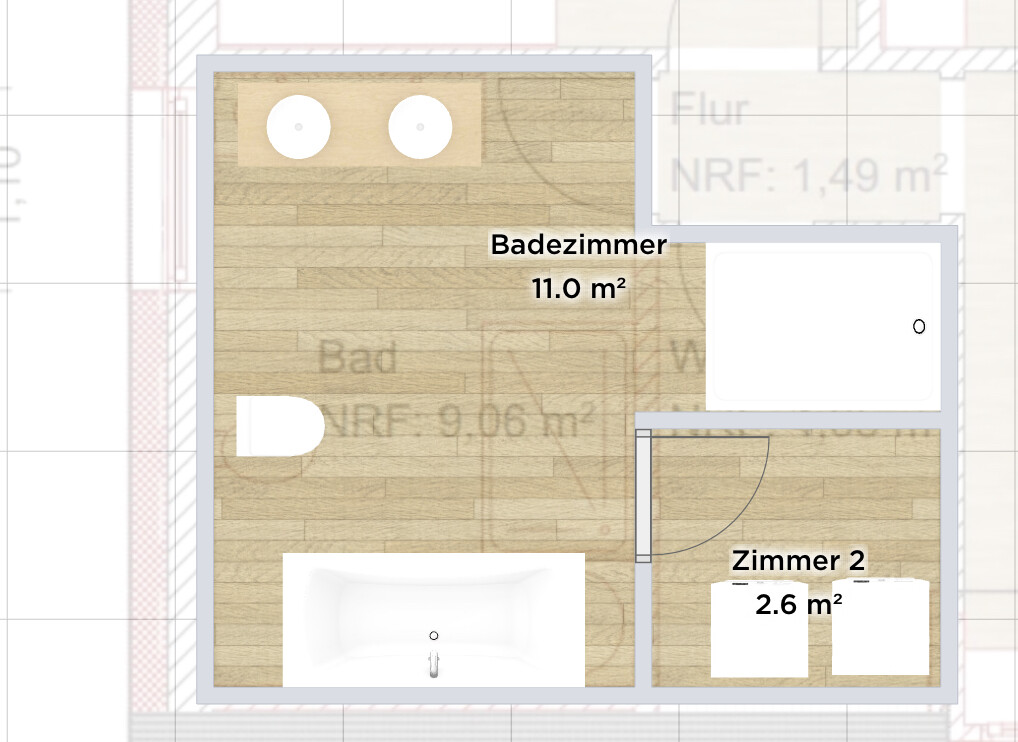Grundriss: Badezimmer mit Doppelwaschbecken, Toilette und Badewanne; Zimmer 2 (2,6 m²) daneben.