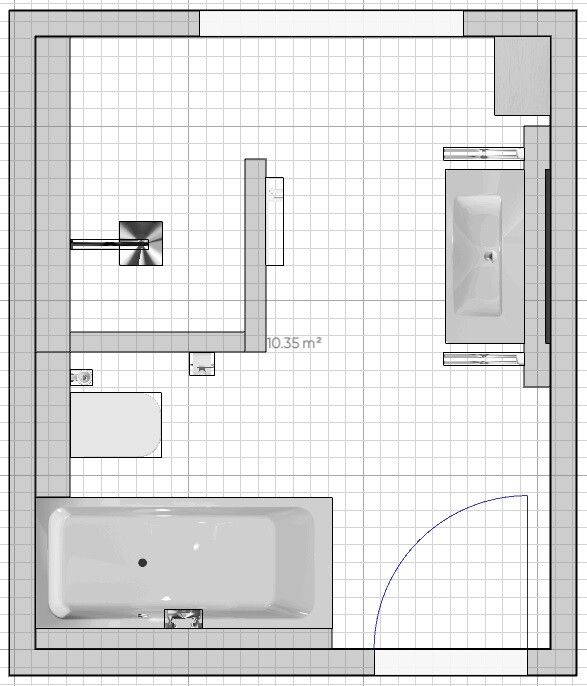 Grundriss eines Badezimmers: Badewanne, Toilette, Waschbecken und Tür.