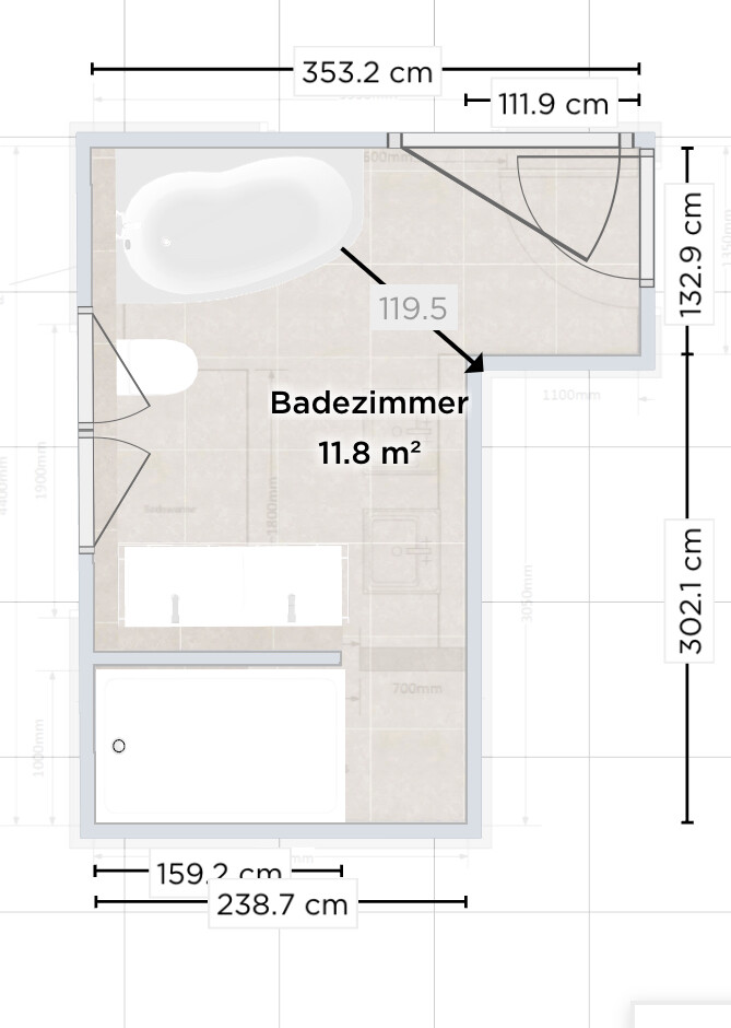 Grundriss eines Badezimmers mit Badewanne, Dusche und Maßen.