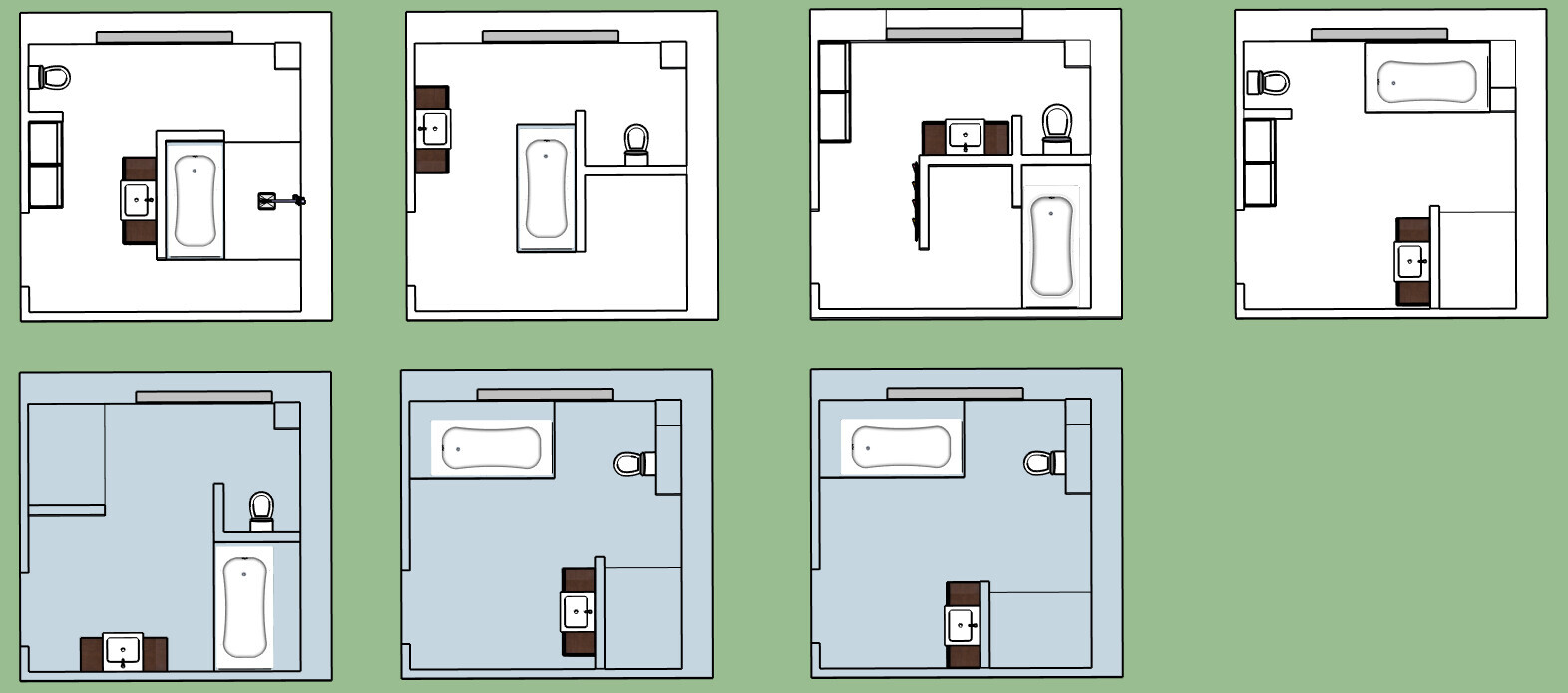 Acht Badezimmer-Grundrisse von oben mit Badewanne, Waschbecken und Toilette.