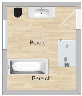 Grundriss eines Badezimmers mit Toilette, Badewanne, Dusche und Waschbecken