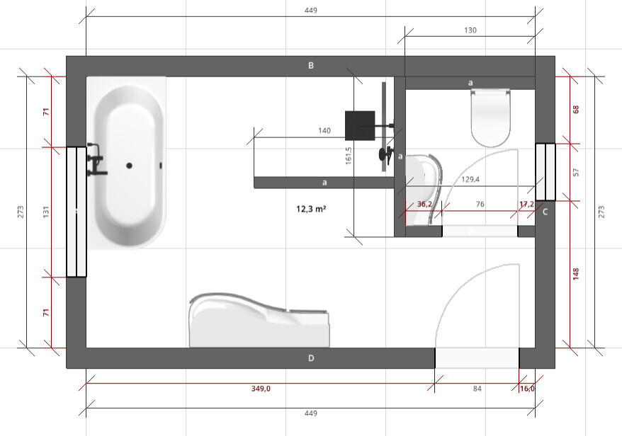 Grundriss eines Badezimmers: Badewanne links, WC und Waschbecken rechts.