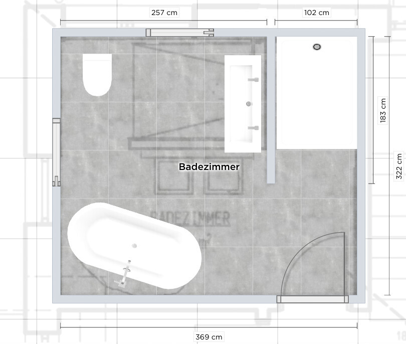 Grundriss eines Badezimmers: Badewanne unten links, Waschbecken Mitte, Toilette oben links.