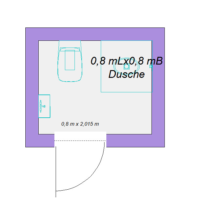 Grundriss eines Badezimmers: Tür unten, Dusche 0,8x0,8 m, Gesamtmaß 0,8x2,015 m.