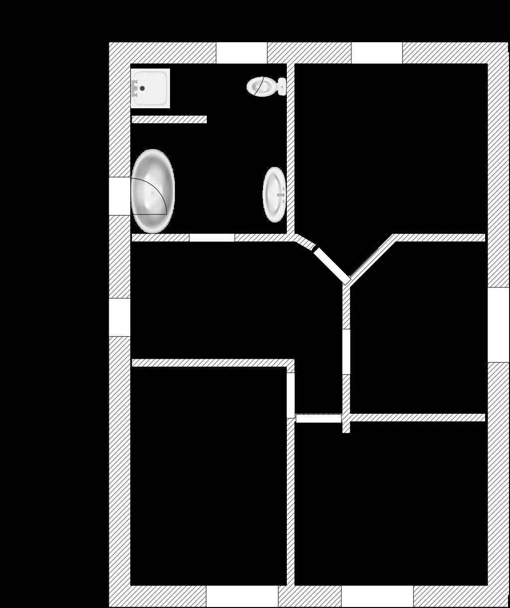 Grundriss eines Apartments mit Badezimmer, Waschbecken, Toilette und Türen.