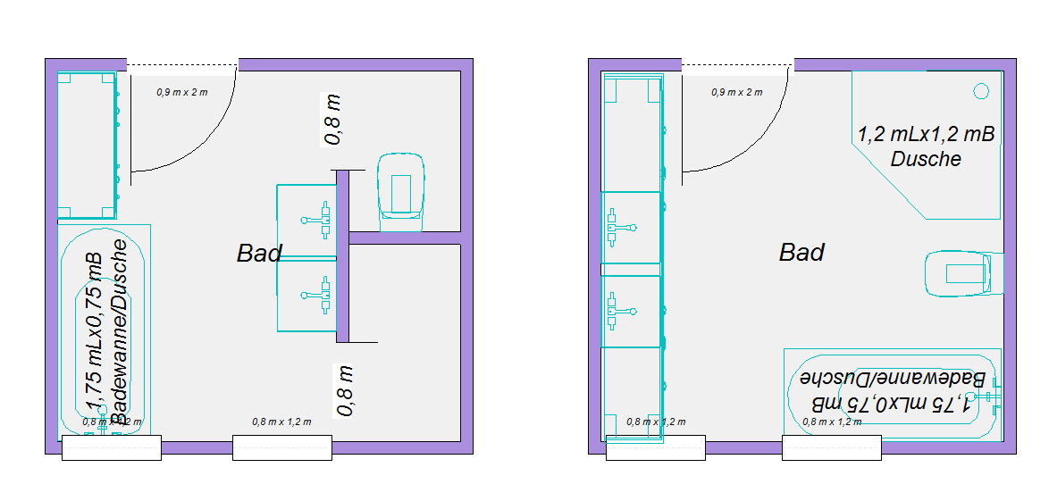 Zwei Bad-Grundrisse nebeneinander mit Waschbecken, Toilette, Dusche und Badewanne.