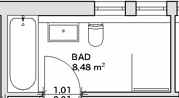 2D-Badezimmer-Grundriss mit Badewanne, Waschbecken und Toilette sowie Tueröffnung.