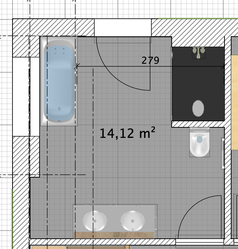 Badezimmer-Grundriss, 14,12 m²: Badewanne links, Doppelwaschbecken unten, Dusche rechts.