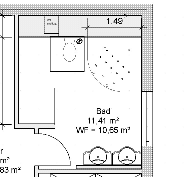 Badezimmer-Grundriss mit Dusche, Toilette und Doppelwaschtisch; Tür links, Fläche 11,41 m²