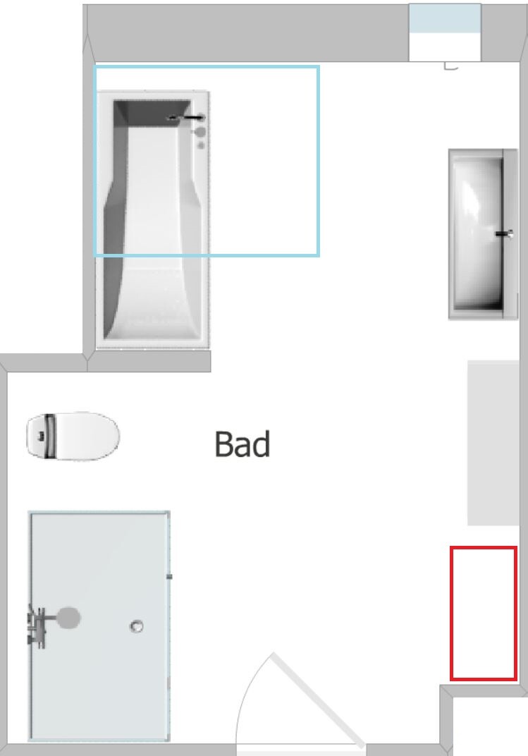 Grundriss eines Badezimmers: Badewanne oben links, Toilette links, Dusche unten links.