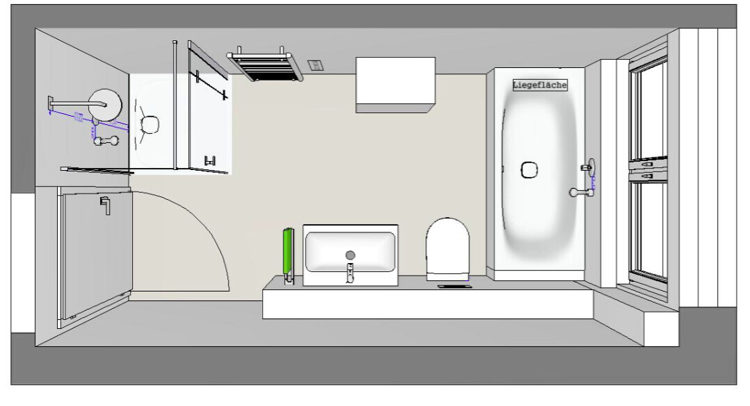 Blick in ein barrierefreies Badezimmer: Dusche, Badewanne mit Liegefläche, WC, Waschbecken, Fenster.