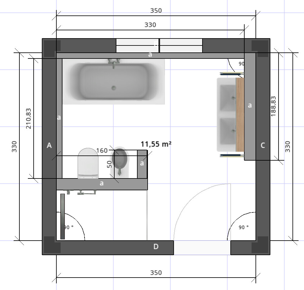 Grundriss eines Badezimmers: Badewanne oben links, Doppelwaschbecken rechts, Toilette unten links.