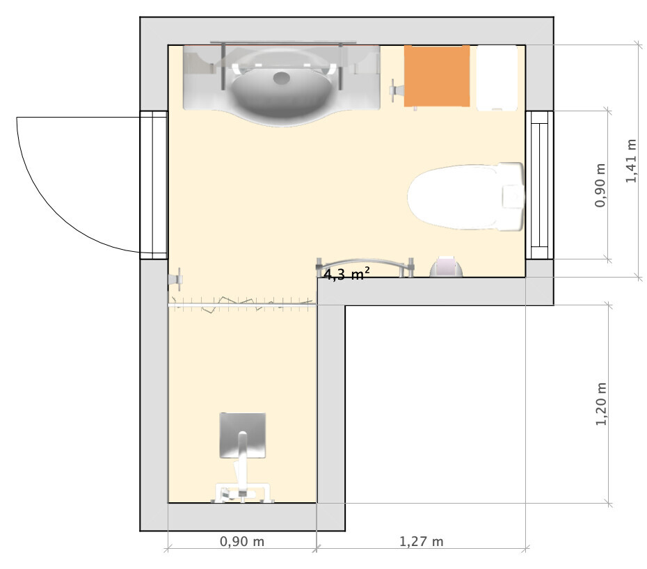 Grundriss eines kleinen Raums: Toilette, Waschbecken, Arbeitsbereich, Türöffnung, Maßangaben.