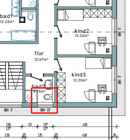 2D-Grundriss einer Wohnung mit markiertem Badezimmerbereich