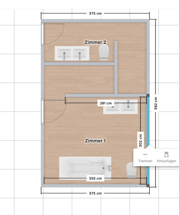 Grundriss: Zimmer 1 mit Badewanne und Waschbecken, Zimmer 2 mit Doppelwaschbecken und Toilette.