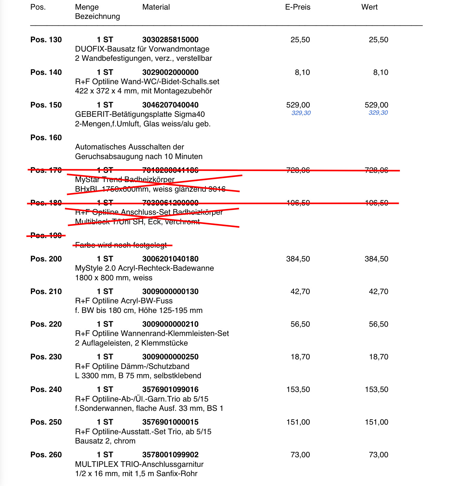 Produktliste mit Bezeichnungen, Mengen, Preisen; rote Streifen kennzeichnen gestrichene Positionen.